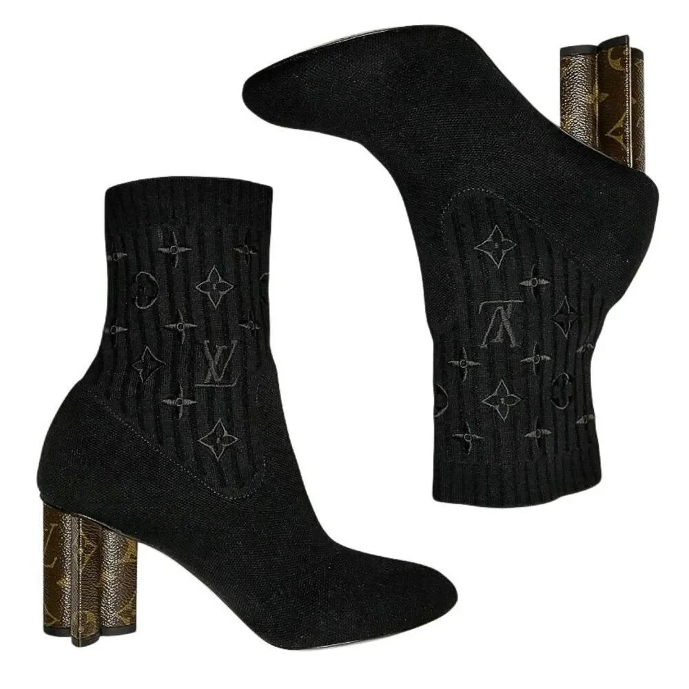 Louis Vuitton Silhouette Sock Ankle Boots Monogram Heel Logo Knit EU 36.5 US 6.5